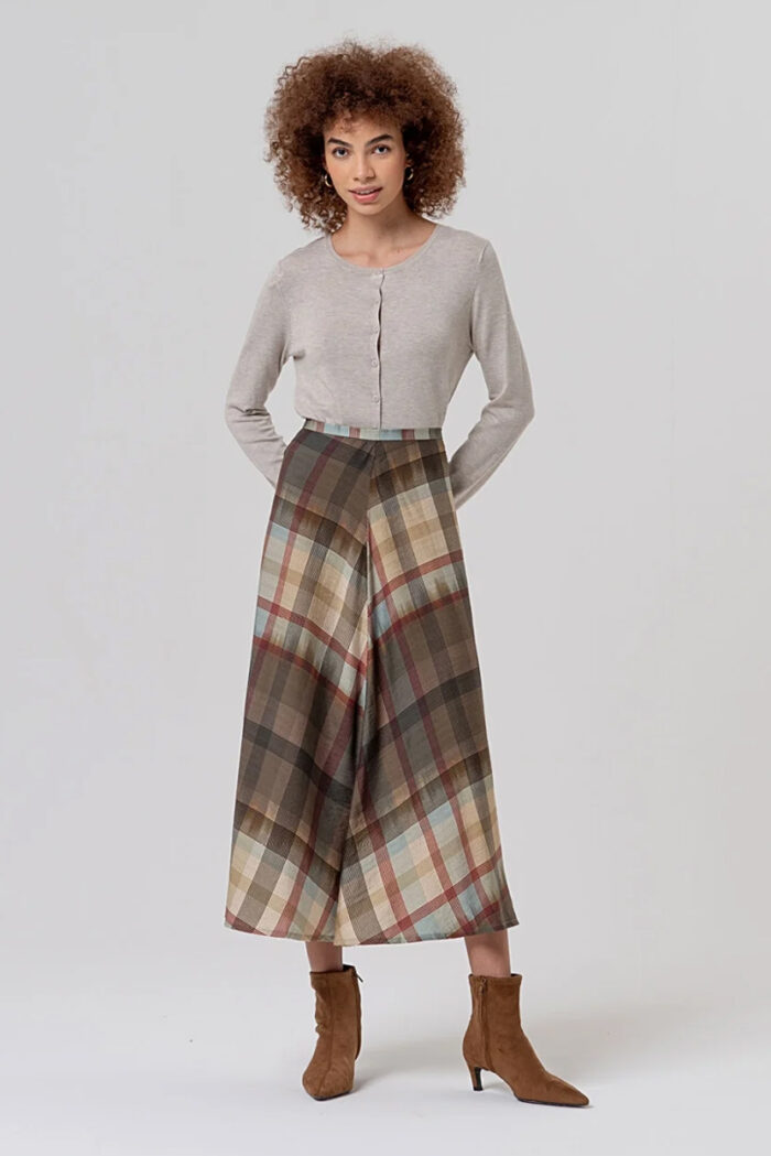 Surkana Falda Midi De Vuelo De Cuadros Camel
