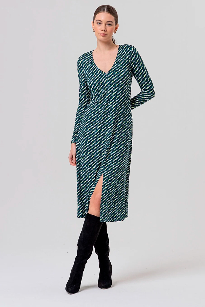 Surkana Vestido Midi Escote Pico Verde Botella
